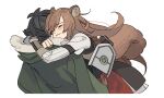  1boy 1girl animal_ear_fluff animal_ears arm_cuffs arm_shield armor black_dress black_hair black_shirt blush brown_armor brown_hair closed_eyes closed_mouth commentary_request cropped_torso dress fingerless_gauntlets gauntlets highres hug iwatani_naofumi layered_dress leather_armor legendary_shield_(small_shield)_(tate_no_yuusha_no_nariagari) legendary_shield_(tate_no_yuusha_no_nariagari) long_hair long_sleeves messy_hair metal_wrist_cuffs raccoon_ears raccoon_girl raccoon_tail raphtalia red_dress shirt short_dress short_hair simple_background sleeveless sleeveless_dress soko straight_hair tail tanuki tate_no_yuusha_no_nariagari tearing_up two-tone_dress upper_body white_background white_dress 