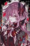  1girl alternate_costume amelcola_circle armpit_crease bow breasts butterfly_facial_mark butterfly_hair_ornament chess_piece choker commentary cross cross_earrings diamond_(shape) earrings evernight_(honkai:_star_rail) floral_print flower hair_ornament highres holding holding_chess_piece honkai:_star_rail honkai_(series) jewelry lace_trim long_hair looking_at_viewer march_7th_(honkai:_star_rail) pink_hair red_eyes red_flower red_ribbon ribbon rose_print see-through_cleavage see-through_clothes see-through_shrug shrug_(clothing) solo sparkle untranslatable_commentary watermark 