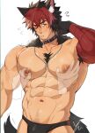  1boy abs animal_ears arkapami bara black_male_underwear blush bulge commentary_request dog_boy dog_ears dog_tail flying_sweatdrops highres komano_manato looking_at_viewer male_focus male_underwear multicolored_hair multiple_scars muscular muscular_male navel nipples one_eye_closed pectorals scar scar_across_eye scar_on_arm scar_on_chest scar_on_face scar_on_shoulder scar_on_stomach sweatdrop tail thai_commentary topless_male underwear white_background zenless_zone_zero 
