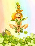  1girl alt_text alternate_color animal_on_head artist_name belt black_eyes blonde_hair cape cat cat_on_head cauldron clover commentary dated dc_comics english_commentary floating four-leaf_clover green_cape highres indian_style long_hair looking_at_viewer midriff mikemaihack on_head rainbow_background saint_patrick's_day shoes shorts simple_background sitting socks solo streaky_the_supercat supergirl untranslatable_commentary 