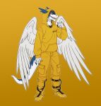  anthro bottomwear clei clothing dragon feathered_dragon feathers footwear hair hi_res hoodie male nameless00 pants shoes simple_background solo standing topwear windragon wings yellow_background yellow_clothing 