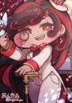  +_+ 1girl artist_name bird black_hair bow bowtie breasts chibi commentary_request cowboy_shot dark-skinned_female dark_skin fewer_digits highres horns long_hair long_sleeves monocle multicolored_hair polka_dot polka_dot_bow polka_dot_bowtie red_bow red_eyes red_hair rollett_(trickcal) sharp_teeth single_horn streaked_hair striped_hair suit suit_pants teeth trickcal tuxedo twitter_username two-tone_hair white_suit yagami_yu 