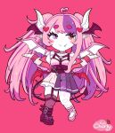  1girl ahoge asymmetrical_legwear averting_eyes black_boots boots chibi choker commentary demon_girl demon_horns demon_wings english_commentary fang hair_ornament head_wings heart heart_ahoge heart_hair_ornament heart_o-ring heart_ring_choker heterochromia highres horns ironmouse ironmouse_(15th_costume) long_hair looking_at_viewer mismatched_legwear multicolored_hair multiple_wings o-ring o-ring_choker pink_background pink_choker pink_hair pink_shoes pointy_ears purple_eyes purple_hair purple_streaks red_eyes shoes skirt smile solo spiked_choker spikes streaked_hair tadacharly twintails virtual_youtuber vshojo white_horns wings 