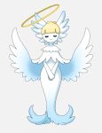  1girl bangs blonde_hair blunt_bangs closed_eyes closed_mouth colored_skin commentary_request fakemon full_body grey_background hands_together happy highres muguet original pokemon short_hair simple_background smile solo standing v_arms white_skin wings 