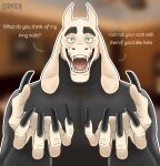  2021 5_claws 5_fingers 5_nails anthro asriel_dreemurr bedroom big_hands boss_monster bovid bovine caprine cattle claw_fetish claws clothed clothing colored_nails demondoggodamien dialogue digital_media_(artwork) english_text eyebrows fangs finger_claws finger_fetish finger_play fingernails fingers fur goat hand_fetish hand_focus hands_out hi_res horn humanoid_hands implied_handjob inviting long_ears long_nails looking_at_viewer male mammal monster nail_fetish nails nightmare_fuel offering_to_viewer open_mouth presenting raised_claws reaching_towards_viewer sex shirt signature simple_background smile solo teeth text tongue topwear undertale video_games white_body white_fur 
