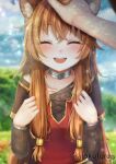  1boy 1girl :d animal_ear_fluff animal_ears arm_guards artist_name black_dress brown_hair child choker closed_eyes collarbone commentary cuffs day dress facing_viewer highres light_blush long_hair long_sleeves okotte-neko open_mouth outdoors parted_lips pov pov_hands raccoon_ears raccoon_girl raphtalia raphtalia_(young) shackles smile straight-on tate_no_yuusha_no_nariagari teeth upper_body upper_teeth_only watermark 