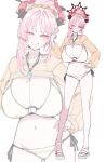  1girl absurdres aoielsol bikini blue_archive blush breasts brown_eyes chiaki_(blue_archive) chiaki_(blue_archive)_(cosplay) chiaki_(swimsuit)_(blue_archive) cleavage collarbone commentary_request cosplay demon_horns grin groin halo hand_on_own_hip highres horns huge_breasts jewelry long_hair looking_at_viewer mole mole_on_breast navel necklace one_eye_closed pink_hair red_halo sandals satsuki_(blue_archive) see-through_clothes see-through_shrug shrug_(clothing) side-tie_bikini_bottom simple_background smile solo swimsuit thighs v white_bikini white_sandals yellow_shrug 