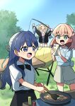  >_< 3girls :d absurdres animal black_jacket black_necktie black_skirt blonde_hair blue_eyes blue_hair blue_ribbon blue_shirt buttons cellphone closed_eyes collared_shirt commentary_request contrast_collar crossed_bangs double-breasted fish fishing_rod flower frying_pan gradient_hair green_eyes grey_shorts hair_flower hair_ornament hair_ribbon half_updo hasu_no_sanrenka highres hinoshita_kaho hinoshita_kaho_(summer_casual) holding holding_animal holding_fish holding_fishing_rod holding_frying_pan holding_phone jacket love_live! love_live!_hasu_no_sora_jogakuin_school_idol_club massigura medium_hair multicolored_hair multiple_girls murano_sayaka murano_sayaka_(summer_casual) necktie open_clothes open_jacket open_mouth orange_hair osawa_rurino osawa_rurino_(summer_casual) outdoors phone pink_flower pink_sweater pleated_shorts puffy_short_sleeves puffy_sleeves rabbit_hair_ornament red_ribbon ribbon shirt short_sleeves shorts skirt smartphone smile sweater table twintails two_side_up virtual_youtuber white_shirt xd 