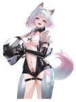 1girl absurdres animal_ear_fluff animal_ears arrow_(symbol) barcode barcode_tattoo biker_clothes bikesuit black_bodysuit bodysuit breasts detached_collar elbow_gloves fangs gloves hair_intakes helmet highres holding holding_unworn_helmet ichinose_sara_(poker_fate) ichinose_sara_(poker_fate)_(warm-up_done) leather leather_gloves leather_suit looking_at_viewer medium_breasts multicolored_hair navel navel_piercing no_ahoge open_bodysuit open_clothes partially_fingerless_gloves piercing pink_hair pink_tail poker_fate race_queen racing_suit see-through_clothes simple_background solo strapless_bodysuit sweat tail tattoo teeth thigh_strap transparent_background unworn_headwear unworn_helmet unzipped upper_teeth_only white_background wolf_ears wolf_girl wolf_tail zipper 