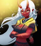  1girl akumi_(yoclesh) black_gloves breasts cleavage colored_skin commentary cropped_hoodie crossed_arms english_commentary fingerless_gloves fishnet_pantyhose fishnets gloves hair_between_eyes heikevbo highres hood hoodie horns indie_virtual_youtuber large_breasts long_hair oni pantyhose pointy_ears red_horns red_oni red_skin scar scar_on_chest scar_on_face scar_on_horns skin-covered_horns solo virtual_youtuber white_hair yellow_eyes 