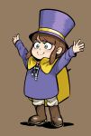  1girl \o/ a_hat_in_time aqua_eyes arms_up baggy_pants blush boots brown_background brown_boots brown_hair cape commentary_request full_body hat hat_kid highres kdha2402 korean_commentary long_sleeves outstretched_arms pants ponytail purple_hat purple_shirt shirt sidelocks simple_background smile smug solo standing top_hat v-shaped_eyebrows white_pants yellow_cape zipper zipper_pull_tab 