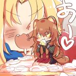 2girls :d alternate_eye_color alternate_size animal_ear_fluff animal_ears bad_id bad_pixiv_id barefoot black_dress blonde_hair blue_bow blush bow brown_eyes brown_hair cake cake_slice chibi collar commentary_request dress drooling eating filo_(tate_no_yuusha_no_nariagari) food full_body grey_dress hair_between_eyes hands_up kneeling layered_dress long_hair long_sleeves lowres messy_hair metal_collar metal_wrist_cuffs mini_person minigirl multiple_girls pinstripe_dress pinstripe_pattern portrait raccoon_ears raccoon_girl raccoon_tail raphtalia raphtalia_(young) red_dress short_dress short_sleeves sitting_on_food smile sparkling_eyes strawberry_cake tail tail_wagging tanuki tate_no_yuusha_no_nariagari two-tone_dress v-shaped_eyebrows zourimushi_dd 
