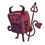  1other adventure_time alternate_color bmo demon_costume discount-supervillain evil_smile fake_horns full_body furrowed_brow headband horns other_focus pendleton_ward_(style) pitchfork simple_background smile solo standing tail thick_eyebrows toon_(style) transparent_background 