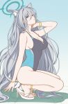  1girl animal_ear_fluff animal_ears anklet aqua_halo arm_up armpit_crease black_one-piece_swimsuit blue_archive blue_background blue_eyes blue_one-piece_swimsuit bracelet breasts cleavage commentary_request cosplay eyelashes feet full_body grey_hair hair_between_eyes halo high_heel_sandals high_heel_slides high_heels highres jewelry kooriyama_azuki large_breasts legs long_hair looking_at_viewer mismatched_pupils one-piece_swimsuit parted_lips revision sandals shadow shiroko_(blue_archive) shiroko_(blue_archive)_(cosplay) shiroko_(swimsuit)_(blue_archive) shiroko_terror_(blue_archive) solo squatting stiletto_heels swimsuit tile_floor tiles toenails toes very_long_hair white_sandals 