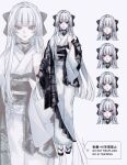  1girl absurdres black_choker black_sash blunt_bangs choker eyeshadow full_body hair_intakes hair_ribbon highres hime_cut japanese_clothes juban kayoi kimono long_hair long_sidelocks makeup multiple_expressions obi original print_kimono red_eyes red_eyeshadow red_lips ribbon sandals sash sidelocks solo tabi white_background white_kimono zouri 