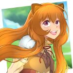  1girl :d animal_ear_fluff animal_ears armor blue_sky blurry blurry_background border breastplate breasts brown_armor brown_hair cloud cloudy_sky collared_dress commentary day dress english_commentary firekeeper_8 floating_hair from_side gauntlets grey_armor hair_between_eyes hand_on_own_chest high_collar highres leather_armor long_hair long_sleeves looking_at_viewer looking_to_the_side medium_breasts metal_arm_cuffs neck_ribbon outdoors outside_border pauldrons pinstripe_dress pinstripe_pattern raccoon_ears raccoon_girl raphtalia red_dress red_eyes red_ribbon ribbon shoulder_armor single_pauldron sky sleeveless sleeveless_dress smile solo straight_hair tanuki tate_no_yuusha_no_nariagari teeth tongue tree upper_body upper_teeth_only white_border white_dress yellow_trim 