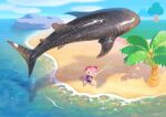  1girl animal_crossing ayumi_(830890) beach blue_eyes cloud coconut coconut_tree day fishing fishing_rod hair_bun highres open_mouth outdoors palm_tree pink_hair sandals shadow shirt shorts signature sky sparkle standing tree villager_(animal_crossing) water whale_shark 