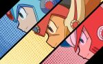  3boys android axl_(mega_man) ben-day_dots blue_eyes closed_mouth commentary_request cross_scar derivative_work facial_mark forehead_jewel green_eyes halftone mega_man_(series) mega_man_x_(series) multiple_boys polka_dot polka_dot_background robot robot_ears scar screentones sikkokunogomanl smile x_(mega_man) zero_(mega_man) 