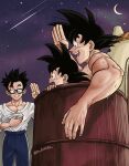  3boys bathing black_eyes black_hair commentary_request crescent_moon dragon_ball dragon_ball_super dragon_ball_super_super_hero drum_(container) father_and_child father_and_son glasses grin highres ku_buirichi male_focus moon multiple_boys muscular muscular_male night open_mouth parent_and_child pectoral_cleavage pectorals shirt_tucked_in shooting_star sky smile son_gohan son_goku son_goten star_(sky) starry_sky time_paradox waving wet 