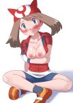  1girl areolae arm_under_breasts bike_shorts blush breasts breasts_outside brown_hair closed_mouth collarbone collared_shirt commentary eyelashes gloves grey_eyes head_tilt highres looking_at_viewer may_(pokemon) nipples pokemon pokemon_(game) pokemon_rse red_bandana red_shirt shirt shoes short_sleeves sitting skirt smile solo uhyoko white_skirt 