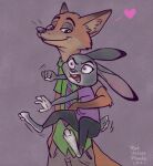  &lt;3 2021 anthro barefoot bottomwear buckteeth caliosidhe canid canine carrying cheek_tuft clothed clothing dipstick_ears disney duo facial_tuft fox fully_clothed fur green_eyes grey_body grey_fur head_tuft hi_res judy_hopps lagomorph leporid mammal multicolored_ears necktie nick_wilde open_mouth orange_body orange_fur pants purple_background purple_eyes rabbit red_fox shirt signature simple_background teeth topwear tuft zootopia 