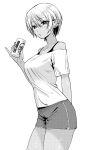  1girl beer_can breasts can dark-skinned_female dark_skin dolphin_shorts drink_can earrings greyscale highres holding inkdaisuki jewelry large_breasts monochrome off-shoulder_shirt off_shoulder original parted_lips shirt short_hair short_sleeves shorts simple_background solo spaghetti_strap 