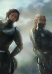 2girls absurdres bird blonde_hair brown_hair character_request cloud cloudy_sky copyright_request highres long_hair multiple_girls plate_armor realistic short_hair sky valentina_feshina 