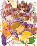  2boys absurdres animal_ear_hairband animal_ears brown_hair cat_ears commentary_request curtained_hair fake_animal_ears fake_tail fang forehead_protector glasses green_eyes hair_between_eyes hairband hand_up highres jewelry klug_(dreamtint_shinobi)_(puyopuyo) klug_(puyopuyo) kuji-in leaf looking_at_viewer male_focus merumerumerume multiple_boys neckerchief ninja official_alternate_costume open_mouth orange_sash pants purple_neckerchief puyopuyo puyopuyo_quest raccoon_ears raccoon_tail red_eyes red_shirt ring round_eyewear sandals scroll shirt smile socks star_(symbol) strange_klug tabi tail tanuki white_socks yellow_hairband yellow_pants yellow_shirt zouri 