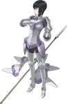  1girl armor black_hair breastplate breasts fire_emblem fire_emblem_awakening full_body grey_armor highres kjelle_(fire_emblem) kozaki_yuusuke lance leg_armor long_sleeves looking_to_the_side medium_breasts official_art pants polearm purple_pants purple_shirt shirt shoes short_hair solo transparent_background weapon white_shoes 