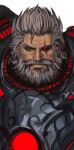 1boy armor art_study beard commentary connected_beard dopey_(dopq) facial_hair glowing glowing_eye grey_hair highres looking_at_viewer mustache overwatch power_armor reinhardt_(overwatch) short_hair simple_background white_background 