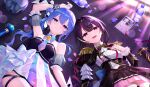  2girls :d absurdres armpits azki_(hololive) azki_(prima_diva)_(hololive) beret black_bow black_bowtie black_hair black_jacket black_skirt black_thighhighs blue_eyes blue_hair bow bowtie braid brooch center_frills closed_mouth colored_inner_hair commentary corset cup detached_sleeves double-parted_bangs epaulettes fingerless_gloves floating_hair frills gloves gradient_necktie hair_between_eyes hair_bun hair_intakes hair_ornament hairclip half_up_half_down_braid hand_on_own_chest hat highres hololive hoshimachi_suisei hoshimachi_suisei_(supernova) idol idol_clothes jacket jewelry juliet_sleeves long_hair long_sleeves looking_at_viewer lying microphone miniskirt multicolored_hair multiple_girls necktie official_alternate_costume on_back open_mouth pink_hair pink_streaks pleated_skirt ponytail puffy_detached_sleeves puffy_sleeves purple_eyes shirt short_necktie side_cape side_ponytail side_up_bun sidelocks skirt smile star_(symbol) star_brooch star_in_eye streaked_hair symbol_in_eye telu_(teluscarlet) thighhighs underbust untranslatable_commentary very_long_hair virtual_youtuber white_gloves white_hat white_shirt white_skirt white_streaks 