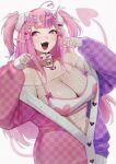  1girl :3 absurdres achtzenn ahoge artist_name bandaid bandaid_hair_ornament bare_shoulders bead_necklace beads bell bone_hair_ornament breasts button_hair_ornament candy_hair_ornament checkered_clothes checkered_jacket choker cleavage crescent crescent_hair_ornament crop_top decora demon_girl demon_horns demon_tail ear_piercing english_commentary fang fingerless_gloves fishnet_gloves fishnet_top fishnets food-themed_hair_ornament gloves hair_ornament hairclip hands_up heart heart_ahoge heart_hair_ornament heart_on_cheek highres horns ironmouse ironmouse_outfit_art_contest jacket jacket_partially_removed jewelry large_breasts lollipop_hair_ornament long_hair midriff_peek multicolored_hair multicolored_jacket navel neck_bell necklace off_shoulder official_alternate_costume open_mouth piercing pink_eyes pink_hair pink_jacket pink_nails pink_tail pointy_ears purple_hair purple_jacket purple_streaks rabbit_hair_ornament sidelocks simple_background skull_hair_ornament solo spiked_choker spikes star_(symbol) star_hair_ornament star_on_cheek strawberry_hair_ornament streaked_hair tail too_many_hair_ornaments two-tone_hair two-tone_jacket two_side_up upper_body virtual_youtuber vshojo white_background white_horns winged_heart_necklace x_hair_ornament 