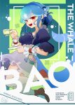  1girl bao_the_whale bao_the_whale_(spring) blue_hair blue_shirt blue_tail brown_shoes cetacean_tail commentary cup english_commentary fins fish_tail hair_bun heikevbo indie_virtual_youtuber looking_at_viewer open_mouth red_eyes shirt shoes single_hair_bun skirt solo tail teacup virtual_youtuber whale_girl 