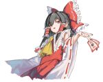  1girl ascot between_fingers bow brown_eyes brown_hair commentary_request detached_sleeves frilled_bow frilled_hair_tubes frills hair_bow hair_tubes hakurei_reimu holding holding_ofuda long_hair looking_at_viewer ofuda ofuda_between_fingers open_mouth paint_chat_(medium) red_bow red_skirt ribbon-trimmed_sleeves ribbon_trim sei_(sei_ha1) simple_background skirt skirt_set solo touhou white_background yellow_ascot 