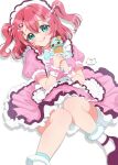  1girl apron bow commentary_request dress food frilled_apron frilled_dress frills green_hair hair_ornament happy_birthday headdress heart heart_hair_ornament highres holding holding_food holding_ice_cream ice_cream kneehighs kurosawa_ruby looking_at_viewer love_live! love_live!_sunshine!! lying mary_janes noanekosan on_back pink_dress puffy_short_sleeves puffy_sleeves red_bow red_shoes shoes short_sleeves signature simple_background socks solo tongue tongue_out twintails white_apron white_headdress wrist_cuffs 