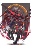  1girl absurdres armpit_peek breasts brown_hair covered_navel floating_hair halo highres holding holding_sword holding_weapon horns long_hair looking_at_viewer mecha mecha_musume original red_eyes redrawn science_fiction single_horn small_breasts sword syaha visor weapon 