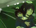  2girls angel angel_wings blue_jacket brown_jacket cigarette fallen_angels_(movie) feathered_wings haibane_renmei halo highres hug jacket motor_vehicle motorcycle multiple_girls on_motorcycle purrcatnip rakka_(haibane_renmei) reki_(haibane_renmei) riding wings 