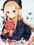  1girl abigail_williams_(fate) bangs black_bow black_headwear blonde_hair blue_eyes bow bug butterfly fate/grand_order fate_(series) floating_hair hair_bow hat highres holding holding_stuffed_toy insect long_hair long_sleeves looking_at_viewer multiple_hair_bows orange_bow parted_bangs parted_lips polka_dot polka_dot_bow shorts sleeves_past_fingers sleeves_past_wrists solo stuffed_animal stuffed_toy suzumo70 teddy_bear very_long_hair white_shorts 