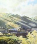  absurdres artist_name cloud cloudy_sky commentary_request forest highres hill house landscape light_rays morning nature no_humans original outdoors painting_(medium) rural scenery signature sky sunbeam sunlight tominaga_hayato traditional_media watercolor_(medium) 