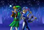  1990s_(style) 1boy 1girl androgynous bandages belt blonde_hair closed_eyes cowboy_shot earrings fairy gloves green_hat green_tunic hat highres holding instrument jewelry link mask nakano_yusuke navi ocarina official_art playing_instrument pointy_ears retro_artstyle reverse_trap sheik short_hair sword the_legend_of_zelda the_legend_of_zelda:_ocarina_of_time third-party_source tunic turban weapon 