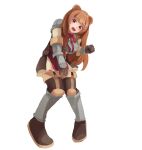  1girl animal_ears armor armored_boots belt black_dress boots breastplate breasts brown_armor brown_belt brown_boots brown_hair commentary_request dress full_body gauntlets grey_armor grey_boots hand_up highres knees_together_feet_apart layered_dress leaning_forward long_hair long_sleeves medium_breasts multicolored_boots neck_ribbon open_mouth pauldrons pink_eyes pinstripe_dress pinstripe_pattern protected_link raccoon_ears raccoon_girl raphtalia red_dress red_ribbon ribbon short_dress shoulder_armor simple_background single_pauldron sleeveless sleeveless_dress solo straight_hair suyapokaguugaa tanuki tate_no_yuusha_no_nariagari thigh_boots two-tone_armor two-tone_boots two-tone_dress white_background white_dress 