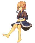  1girl absurdres artist_name barefoot blonde_hair blue_skirt braid brown_shirt closed_mouth collarbone commentary_request green_eyes half_up_half_down_braid highres jimuguri_(dzimuguri) mizuhashi_parsee pointy_ears shirt short_hair signature sitting skirt smile solo touhou 
