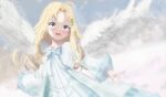  1girl :d ahoge artist_request bad_id bad_pixiv_id bird_girl bird_wings blonde_hair blue_bow blue_bowtie blue_dress blue_eyes blush bow bowtie child collarbone curtained_hair dress feathered_wings filo_(tate_no_yuusha_no_nariagari) hair_ornament hairclip highres long_hair long_sleeves looking_at_viewer missing_commentary open_mouth smile solo straight_hair tate_no_yuusha_no_nariagari two-tone_dress upper_body white_dress white_wings wing_hair_ornament wings 
