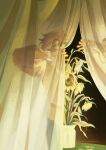  1boy absurdres blonde_hair closed_eyes colored_skin commentary curtains deltarune english_commentary flower flowery_(deltarune) highres planetsandmagic see-through_curtains short_hair sunflower tagme twitter_username utdr_(toby_fox) vase vest yellow_flower 
