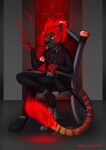  angry_eyes anthro azural_cobaltros boots chair cigarette clothed clothing crimson fire_in_hair footwear furniture gem hi_res invalid_tag magic_user male necktie red solo staff suit tail_fire 