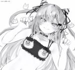  1girl bare_arms bare_shoulders belt_collar blush bra breast_cutouts cat_cutout cat_lingerie clothing_cutout collar collarbone cone_hair_bun cupless_bra double_bun earrings fan_request greyscale hair_bun hair_ornament hair_ribbon hairclip hands_up heart heart_collar heart_earrings highres hololive hololive_indonesia jewelry long_hair looking_at_viewer monochrome nanashi_(nlo) nipples paw_pose request_inset ribbon simple_background smile solo underwear underwear_only upper_body vestia_zeta virtual_youtuber 