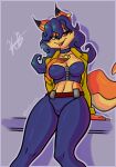  absurd_res anthro blue_hair breadart_(artist) breasts canid canine carmelita_fox clothed clothing female fox fur hair hi_res mammal piercing simple_background sly_cooper_(series) solo sony_corporation sony_interactive_entertainment sucker_punch_productions video_games 