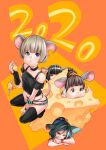  2020 4girls animal_ears aqua_hair arm_strap beehive_hairdo black_hair black_shirt blue_eyes blunt_bangs bob_cut bracelet brown_eyes brown_hair buck_teeth cheese chinese_zodiac commentary_request crop_top cropped_shirt eating food from_above highres holding holding_food izumida_fuyuki jewelry lapels micro_shorts mouse_ears mouse_girl mouse_tail multiple_girls notched_ear off-shoulder_shirt off_shoulder original prehensile_tail shirt short_hair shorts squatting tail teeth year_of_the_rat 