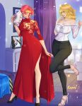  2girls absurdres aqua_eyes artist_logo artist_name balcony bare_shoulders black_pants black_shoes bleach blonde_streaks blue_eyes breasts chinese_clothes cleavage collarbone commentary_request commission crossover curtains double-parted_bangs dress earrings eiyuu_densetsu english_commentary folding_fan full_body glint hair_between_eyes hair_bun hair_ornament hair_stick hand_fan heavy_lens_flare high_heel_sandals high_heels highres holding holding_fan indoors iwonn_(pixiv943160) jewelry judith_lanster kuro_no_kiseki_(series) large_breasts leg_up legs_apart lens_flare logo long_dress long_sleeves looking_at_viewer mandarin_collar matsumoto_rangiku medium_hair multicolored_hair multiple_girls nail_polish off-shoulder_shirt off_shoulder open_mouth pants picture_frame pink_hair pink_lips pink_nails print_dress pumps qipao red_dress sandals shirt shirt_tucked_in shoes short_hair side_slit single_hair_bun smile standing standing_on_one_leg streaked_hair two-tone_hair watermark wavy_hair white_shirt 
