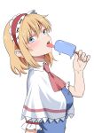  1girl absurdres alice_margatroid ascot blonde_hair blue_dress blue_eyes blush breasts capelet commentary_request dress eating food frilled_hairband frills from_side hairband highres holding holding_food holding_popsicle kiyo_(kiyo_mariari) licking_food looking_at_viewer melting_popsicle pink_ascot popsicle red_hairband sexually_suggestive simple_background small_breasts solo tongue tongue_out touhou upper_body white_background white_capelet 